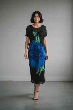 Vintage 90s Jeffrey & Dara Floral Maxi Dress Black with Blue Flower Large